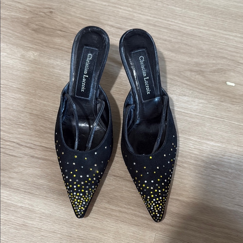 Christian Lacroix Black and Gold Mules with Kitten Heel